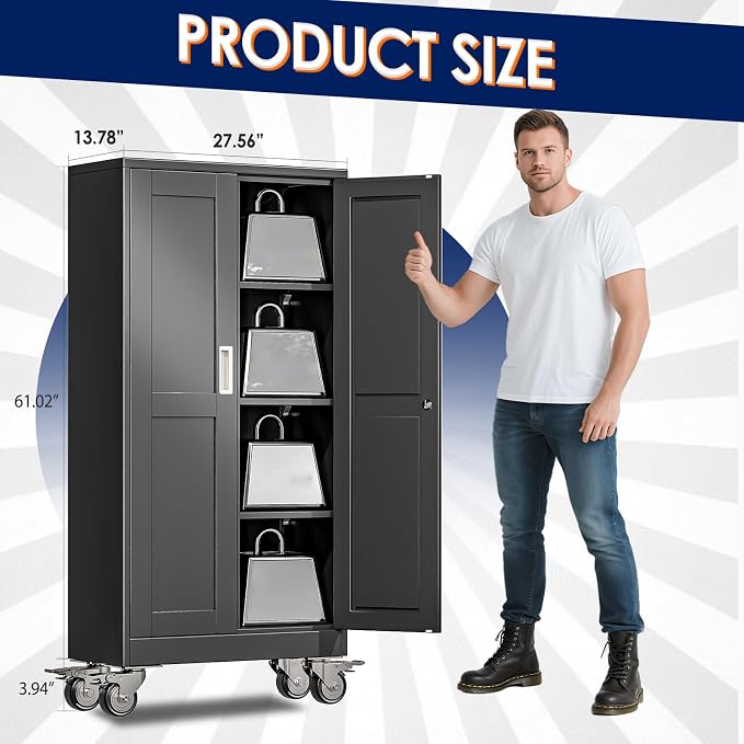 erosoei 61" H Metal Garage Storage Cabinet, Rolling Tool Cabinet with 2 Doors and Wheels, Locker Steel Cabinet with 3 Adjustable Shelves, Organization Cabinet for Garage,Office,Home,Gym,School（Black）