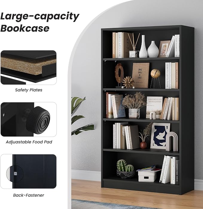 Farini 60 Inch Tall Bookcase,5 Shelf Bookshelves,Adjustable Bookshelf for Home Office,Black