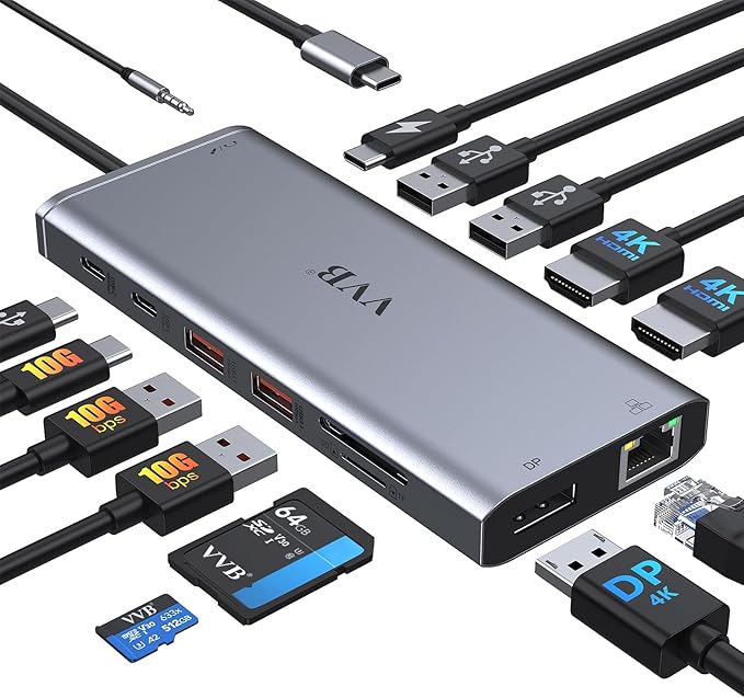 USB C Laptop Docking Station Dual Monitor HDMI for Dell/Lenovo/HP Laptop 14 in 1 USB C Hub Multiport Adapter Dongle Dock USB C to 2 HDMI 4K+DisplayPort+Ethernet+4USB+2USB C+100W PD Charger+SD/TF+Audio