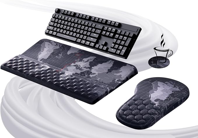 Ospelelf Ergonomic Mouse Pad and Keyboard Stand Wrist Rest Set, Memory Foam Comfort, Pain Relief for Typing, Office Desk Accessories, Map