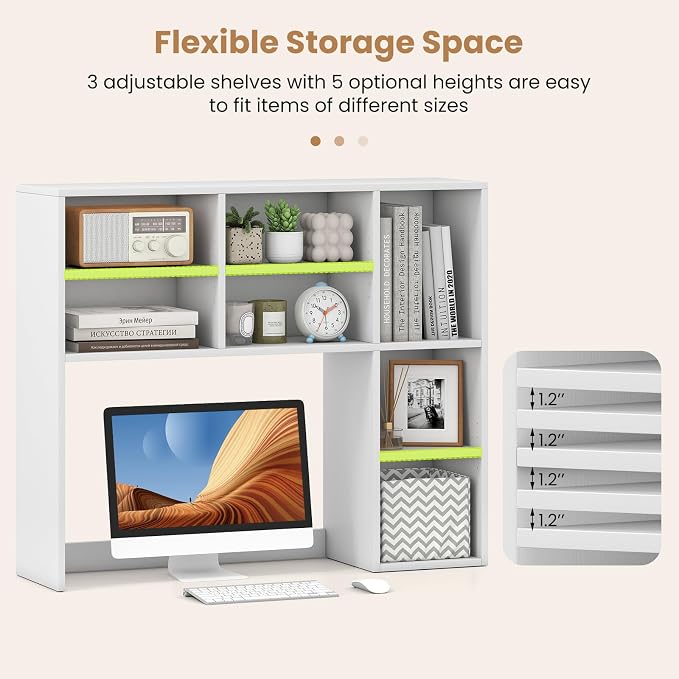 GOFLAME 7 Cubes Desktop Bookshelf, 37” Desk Organizer Shelf with 3 Adjustable Shelves, 3-Tier Wood Countertop Display Rack, Multipurpose Tabletop Desk Hutch for Dorm, Home Office, White
