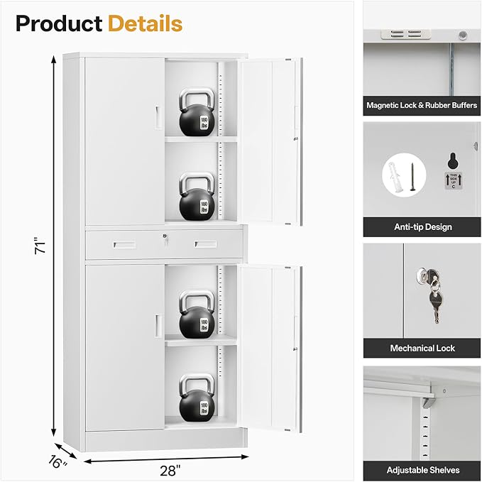 Metal Storage with 1 Drawer, 71" Cabinet with 4 Locking Doors and 2 Adjustable Shelves, Steel Storage File Cabinet for Pantry, Kitchen, Office, Garage (White)