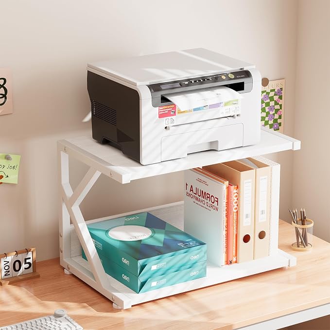 aboxoo Desktop Printer Stand with 2 Tier Wood Storage Shelves,Under Desk Printer Table,Multi-Purpose Home Office Desk Organizer for Fax Machine, Scanner (White)