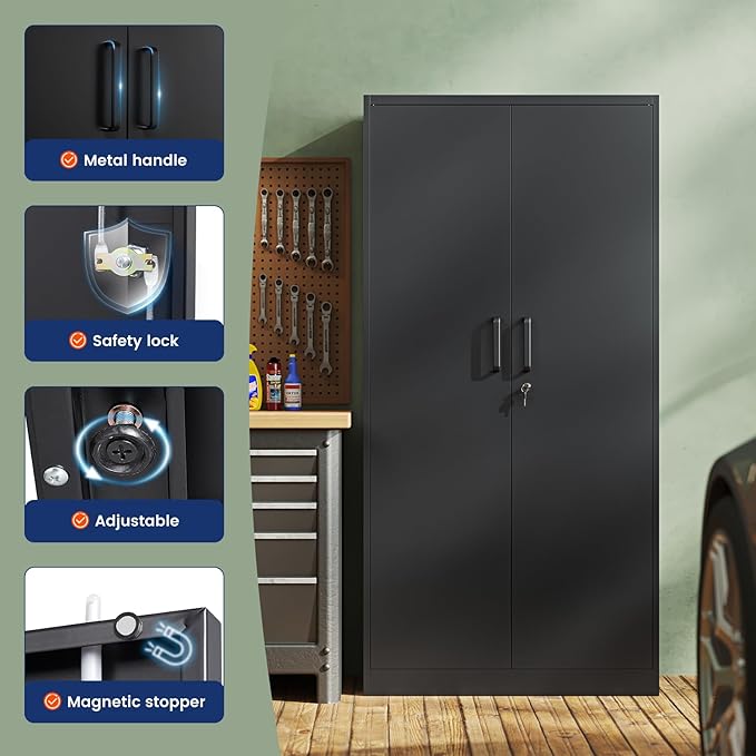 Yizosh Metal Storage Cabinet with Lock - 72" Garage Storage Cabinet with 2 Locking Doors and 5 Adjustable Shelves, Black Steel Lockable for Office,Home,Garage
