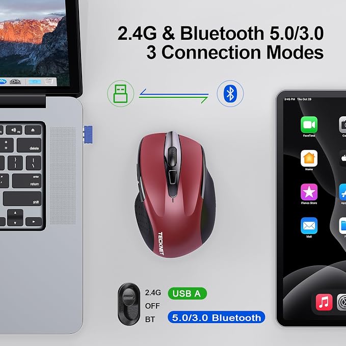 TECKNET Wireless Mouse (2.4G & BT5.0/3.0) Silent 4800 DPI Computer USB A & Bluetooth Mouse 6 Buttons, Wide Compatibility - Red