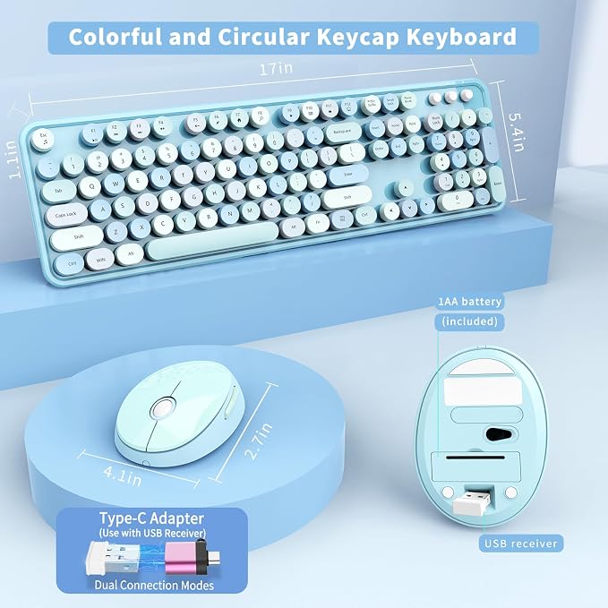 Wireless Keyboard and Mouse Combo, Ergonomic Full Size Typewriter Retro Round Keycaps Keyboard, Compatible with Windows, PC, Perfer for Home and Office Keyboards (Blue