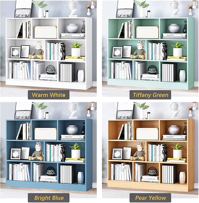IOTXY Open Shelf Low Bookcase - Wooden 3-Tier Floor Standing Display Cabinet Organizer with Base, 8 Cubes Short Horizontal Bookshelf in Warm White