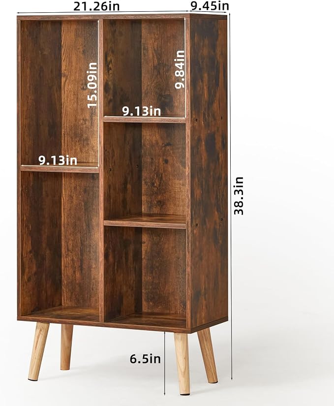 LEYAOYAO 5 Cube Small Bookshelf,3 Tier Mid-Century Bookcase with Legs,Wood Bookshelves Storage Organizer Shelf,Narrow Book Shelves,Brown Bookcases