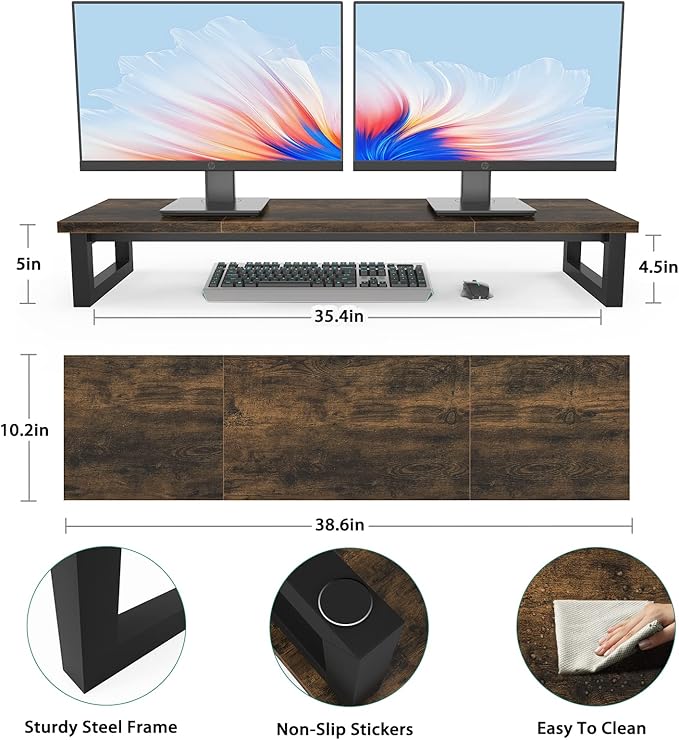 YAOHUOO Dual Monitor Stand Riser, 39Inch Large Monitor Stands for 2 Monitors, Computer Monitor Stand, Wooden Desktop Oraganizer Shelf for Office Desk Computer,Laptop,TV