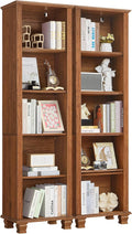 SAVOR LIFE 70" Tall Narrow Book Shelf, Wood Skinny Bookshelf with Adjustable Shelves & Wooden Legs, Farmhouse Bookcase w/5-Tier Storage, Free Standing Bookshlves for Office, Living Room, Brown, 2PCS