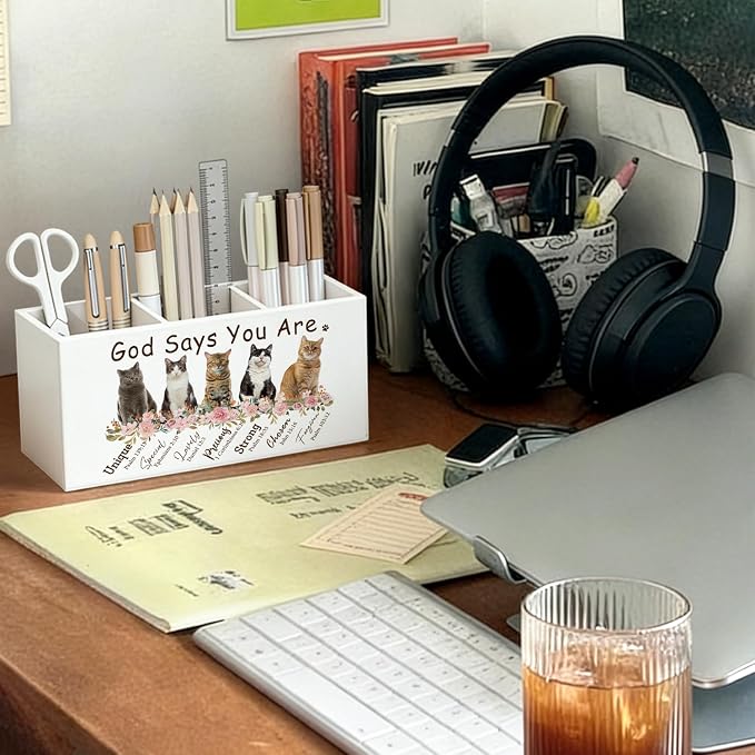 Christian Inspirational Cat Pen Pencil Holder for Desk, Christian Gifts for Women, Cat Lovers Gifts, God Says You Are Bible Verse Wooden Box Sign Decorations for Home Office Desk Tabletop