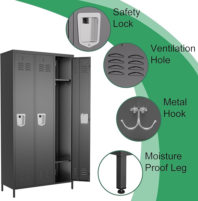 3 Door Metal Lockers for Employees,Heavy-Duty Hooks,72" Secure Storage for Home,Offices,Schools & Gyms | Black