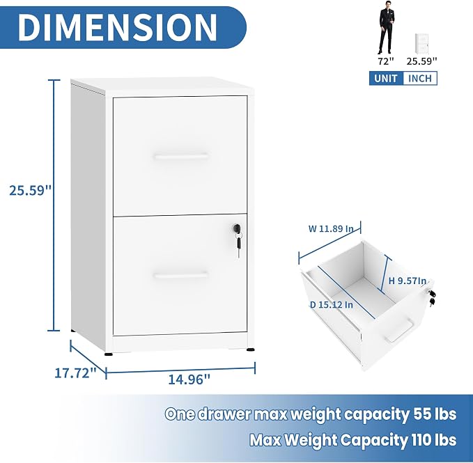2 Drawer File Cabinet with Lock,Metal Vertical Filing Cabinets for Home Office,Heavy Duty File Storage Cabinet for Letter/Legal/A4/F4 Size File,Assembly Require (Black, Vertical 2 Drawer)