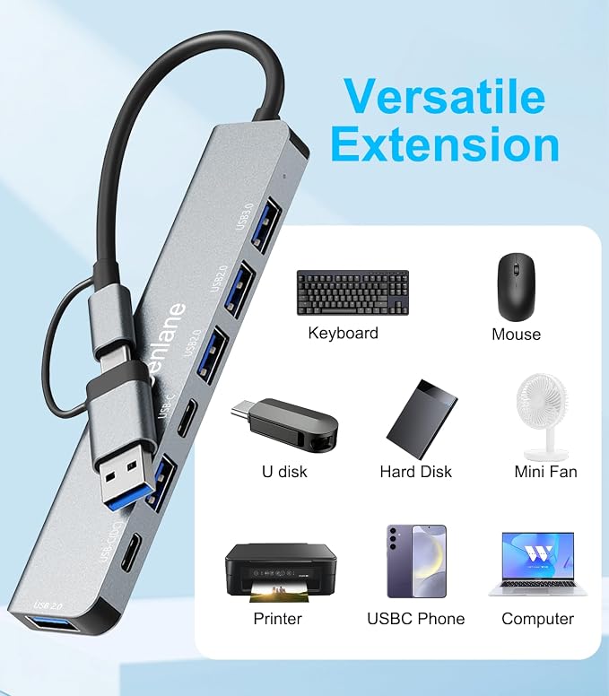 USB C Hub USB Hub 3.0 for Laptop, Upgrade 7 in 2 USB Splitter with USB-C & Multiport USB A Port Extender, USBC USB2.0 Dongle for PC/Computer/Laptop, Type C Mac/MacBook/Air/Pro/iPad/Tablet
