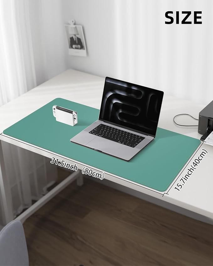 Leather Desk Pad Protector, Mouse Pad, Office Mat, Non-Slip PU Leather Blotter, Laptop Desk Pad, Waterproof Writing Pad for Office and Home (Light Green, 31.5" x 15.7")