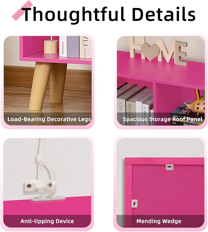 LEYAOYAO 10 Cube Bookshelf,3 Tier Modern Wide Bookcase with Legs,Mid-Century Wood Bookshelves Storage,Pink Large Book Case,Freestanding Organizer Display Shelf for Bedroom,Living Room,Office