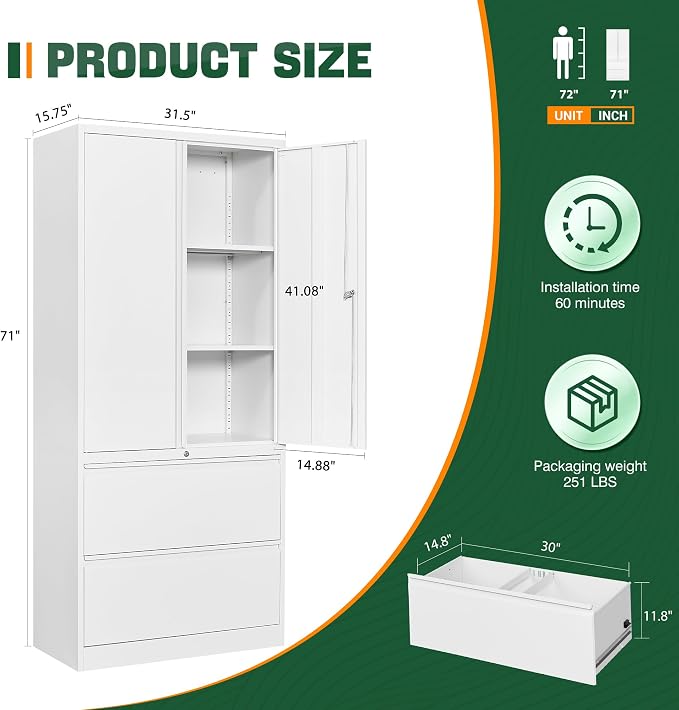 Letaya Metal Storage Cabinets for Home Office,File Cabinet-2 Drawers with Lock and Adjustable Shelves-Hang Legal/Letter/A4/F4 Size Filing-White