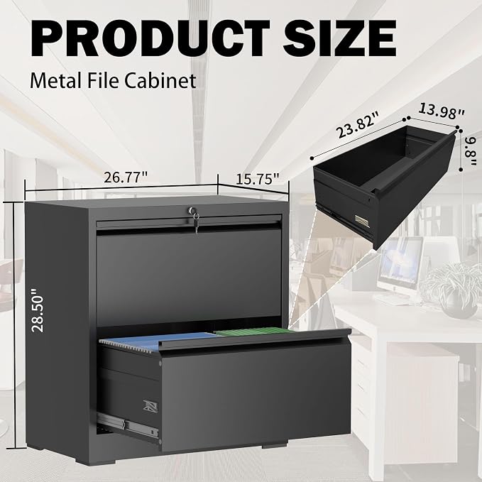 Lateral File Cabinet with Lock, 2 Drawer Filing Cabinet, Metal File Cabinets for Home Office, Steel Heavy-Duty Filing Storage Cabinet for Letters/Legal/A4 (Require Assembly, Black)