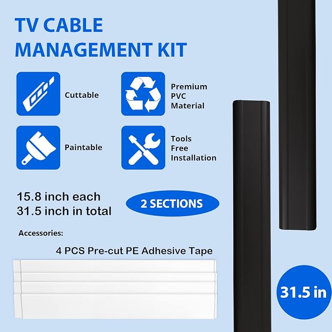 ZhiYo TV Cord Cover for Wall, 32 inch Cable Concealer, Cord Hider for Wall Mounted TV, Paintable Wire Cover to Hide Wires, Black Cable Raceway Kit, 2X L15.8in W1.5in H0.75in