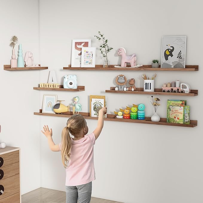 FLYJOE Picture Ledge Shelf, Floating Shelves Set of 2, 36 Inches Nursery Book Shelves for Toys Storage, Kids Bookshelf Wall Mounted for Living Room Bedroom Decor Books Photo Frames, Walnut