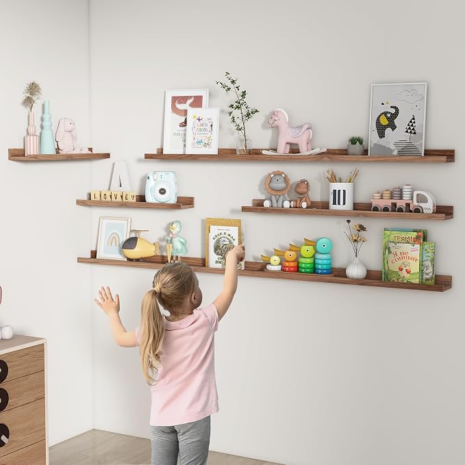 FLYJOE Picture Ledge Shelf, Floating Shelves Set of 2, 72 Inches Long Large Nursery Book Shelves for Toys Storage, Kids Bookshelf Wall Mounted for Living Room Bedroom Decor Books Photo Frames, Walnut