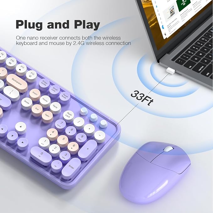 MOFII Wireless Keyboard and Mouse Combo,2.4GHz Retro Full-Size Keyboard with Number Pad and Cute Wireless Mouse for Computer PC Desktops Laptop WindowsxP/7/8/10 Purple Colorful