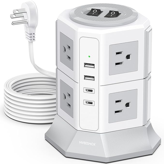 Tower Surge Protector Power Strip Flat Plugs with 8 Outlets 4 USB Ports (2 Type C), 6.5 FT Flat Extension Cord with Multiple Outlets, Charging Station with Surge Protection for Home Office Dorm