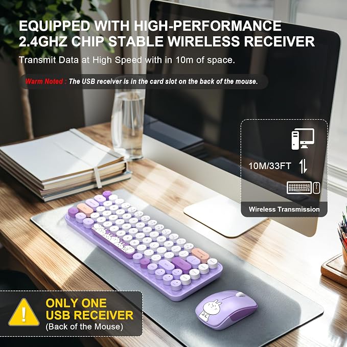 FOPETT Wireless Keyboard and Mouse Cute Mouse and Keyboard 2.4G Wireless Keyboards with Colorful 68 Keys Typewriter Retro Round Keycap for PC, Laptop,Tablet,Computer Windows - Purple Colorful