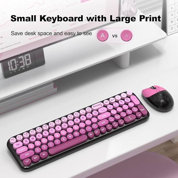 Wireless Keyboard and Mouse Combo, Meidosa 2.4GHz Colorful Full-Size Retro Typewriter Keyboard with Cat Shape 3 Level Adjustable Optical Mouse for PC/Desktop/Laptop/Windows (Black Pink)