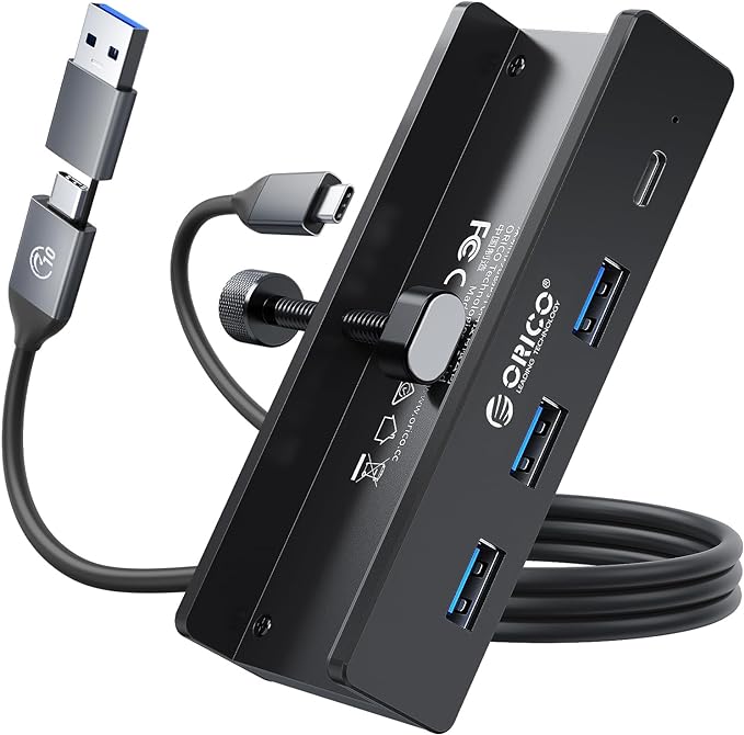 ORICO USB Hub 3.0, Clamp USB Hub with Extra Power Supply Port, Aluminum 4-Port USB Adapter with 3 USB-A Data Ports, USB-C Port for Monitors, Desks (Black)