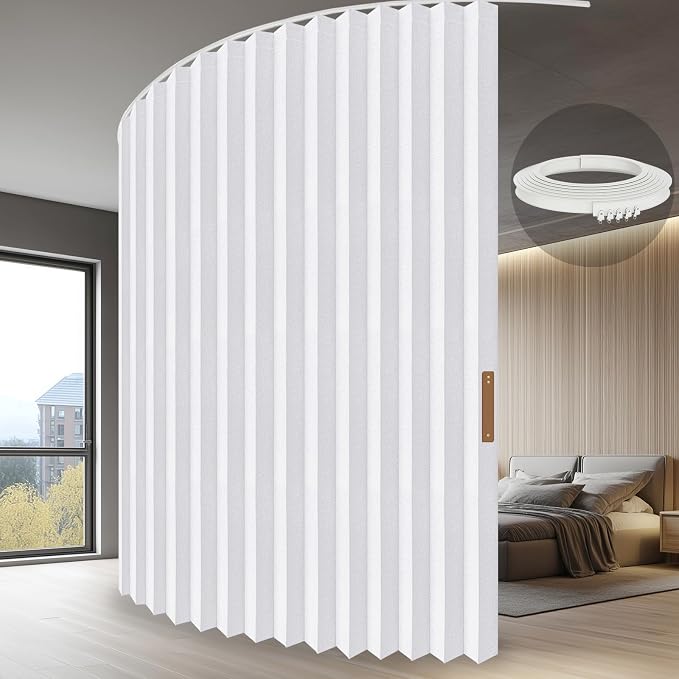 JILRON Hanging Accordion Room Divider with Track System - Ceiling-Mounted Partition Curtain, Simple Installation(White 180" W x 84" L-Pack of 1)