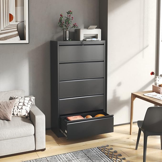 5 Drawer Lateral File Cabinet with Lock, Black Metal Lateral Filing Cabinet for Home Office, Steel Wide Filing Cabinets for Letter/Legal/A4/F4 Hanging File Folders (Black)