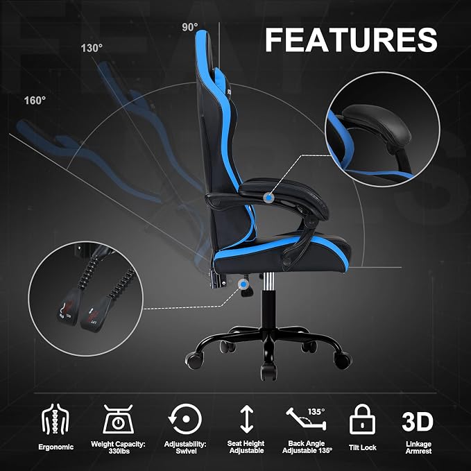 GTPLAYER Gaming Chair High Back Computer Chairs for Adults, Ergonomic Height Adjustable Recliner Chair 300lbs with Linkage Armrest and Lumbar Support for Home Office, Blue