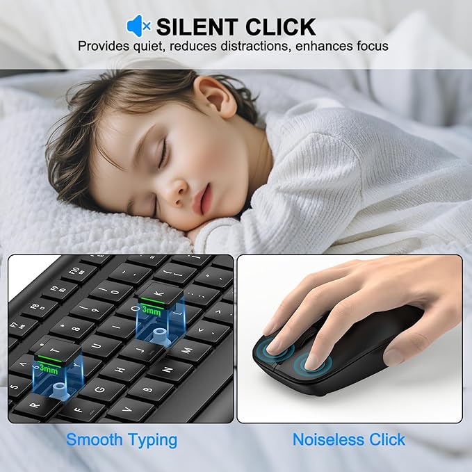 Wireless Keyboard and Mouse Combo, Full Size Silent Ergonomic Keyboard and Mouse, Long Battery Life, Optical Mouse, 2.4G Lag-Free Cordless Mice Keyboard for Computer, Mac, Laptop, PC, Windows