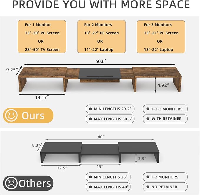 WESTREE Triple Dual Monitor Stand Riser, Extra Long Monitor Stand for 1~2~3 Monitors, Monitor Stand with Length and Angle Adjustable, 3 Shelf Desktop Storage Riser for Monitor Computer Screen Laptop