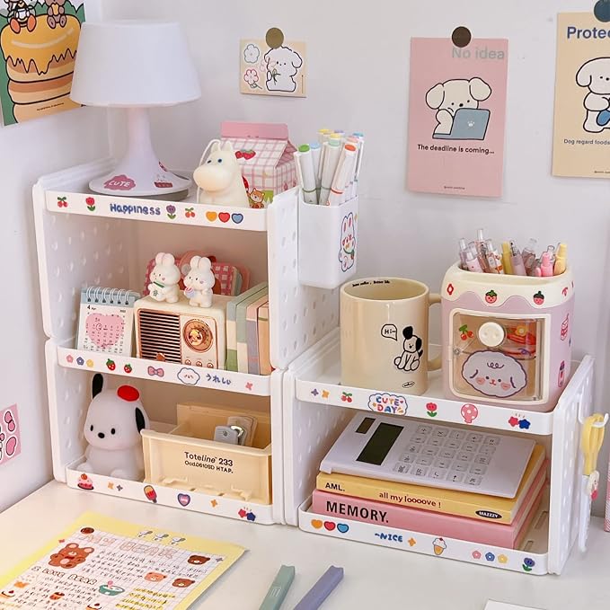 Lae Nuvole Desktop Organizer Shelf Stationery Organizer with Pen Holder Office Desktop Storage Rack Combinable Organization and Storage for Desk, Office, Countertop, Dorm (Pink, 3 Tier)
