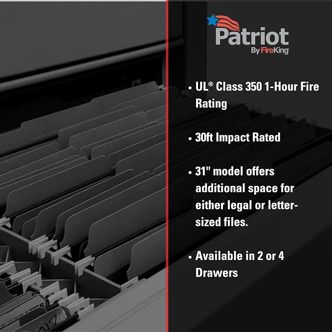 FireKing Patriot 2P2131-CBL Insulated UL Class 350 one-Hour Fire Rated Vertical Filing Cabinet with 2 Drawers, Deep Legal Size, 31-9/16" Length x 20-13/16" Width x 27-3/4" Height, Black