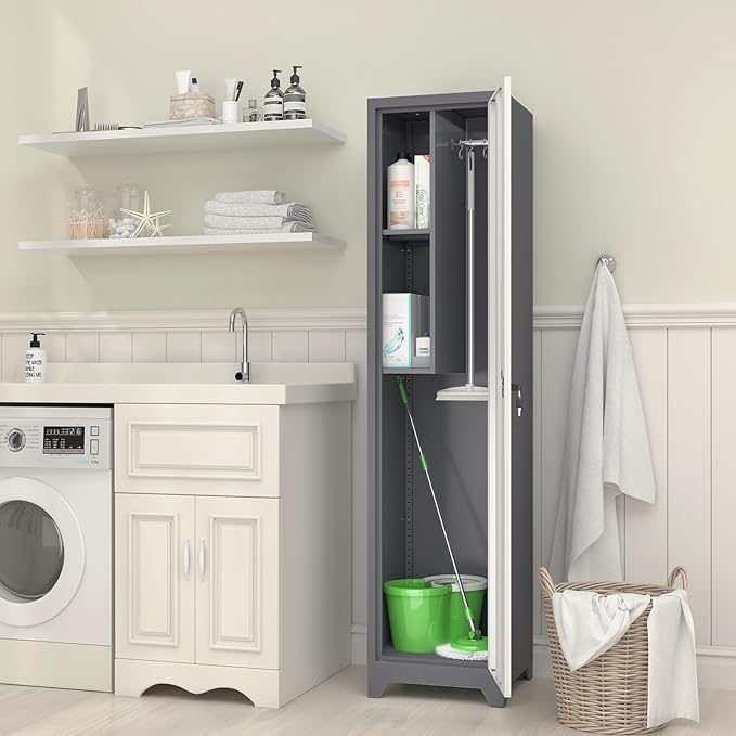GREATMEET Slim Locking Metal Garage Storage Cabinet, 65" Lockable Utility Closet, Tall Steel Narrow Broom Closet Storage Cabinets with Door and Shelves for Laundry Room, Bathroom, White & Grey
