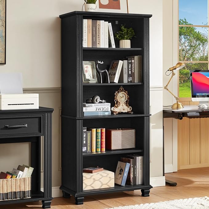 SAVOR LIFE 70" Tall Black Bookshelf,5 Tier Wooden Book Shelf with Adjustable Shelves & Wood Legs,Free Standing Farmhouse Bookcase with Open Display Storage,Vintage Bookshelves for Living Room, 2PCS