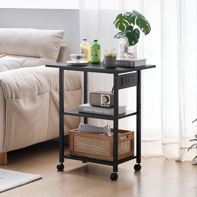 Lerliuo 3-Tier Printer Stand with Charging Station, Industrial Mobile Printer Table with Storage Shelf and Steel Frame, Rolling Printer Cart Holder with Lockable Wheels for Home, Office (Black)