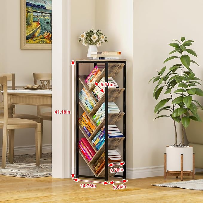 Cutogxon Tree Bookshelf - 9 Tier Floor Standing Tree Bookshelf for Hardcover Books, Small Bookshelf for Small Spaces Bookshelves Wooden Book Storage Organizer Shelves for Bedroom Living Room