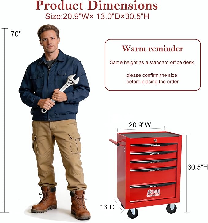 RYH 5 Drawers Rolling Tool Chest - Heavy Duty Mobile Tool Cart with Locking Wheels & Ball Bearing Drawers, ﻿30.5" H x 20.9" W x 13" D Garage Tool Storage Cabinet (Red, 5 Drawers)