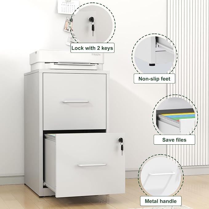 2 Drawer File Cabinet, Vertical File Cabinets with Lock for Home Office,Heavy Duty Office Steel Filing Cabinet for Hanging Letters/Legal/A4, Assembly Required (White)