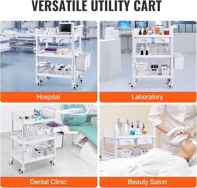VEVOR Medical Mobile Trolley Cart with 2 Drawers & 3 Trash Cans, 3 Tiers Beauty Salon Rolling Trolley with 4 Silent Wheels & 2 Dirts Bucket & Bowl, Medical Utility Cart for Hospital Dental Clinic Lab