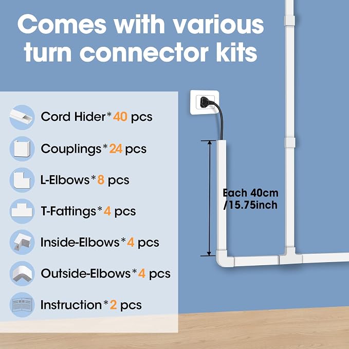 630in Cord Hider Kit, Cord Covers for Wires on Wall, Cord Hider for Wall Mount tv, tv Cable Hider Wall kit, Paintable Cable Raceway, Wire Covers for Cords, 40X L15.7in X W0.59in X H0.4in, White