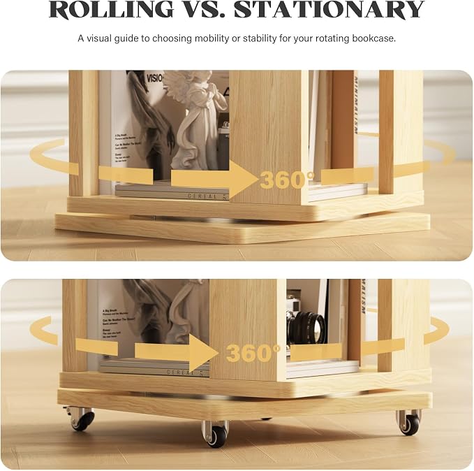 6 Tier Solid Wood Rotating Bookshelf Tower on Wheels, 360° Upgrade Spinning Book Shelf, Revolving Bookcase Organizer, Swivel Bookshelves for Small Spaces, Bedroom, Kids Room, Office (Light Wood)