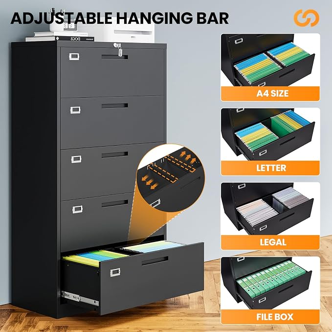 5 Drawer File Cabinets for Home Office, Metal Filing Cabinet with Lock, Black Locking File Caninet Five Drawer, Office Storage Caninets Steel Cabnet for Letter/Legal/A4/F4-Assembly Required