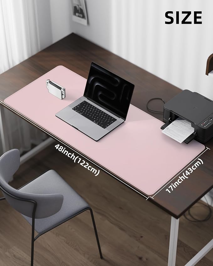 Leather Desk Pad Protector - 48" x 17" Office and Home Desk Cover Mat, Non-Slip PU Leather, Waterproof (Light Pink)