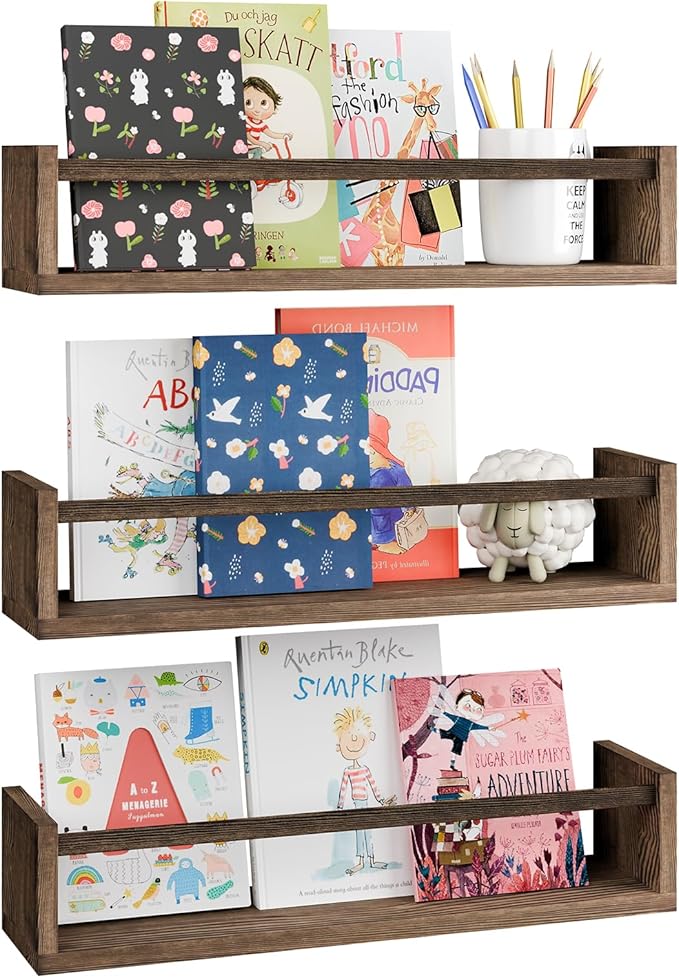 Fixwal Nursery Book Shelves, 16.5 Inch Floating Bookshelves for Wall Set of 3, Baby Nursery Decor, Solid Wood Wall Mounted Shelves for Books, Toys and Decor Storage (Brown)