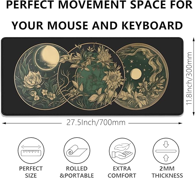 Celestial Moon Phases Art Nouveau Witch Aesthetic Green Dark Academia Mouse Pad,Non-Slip Waterproof Rubber Base Mouse Pad for Office,Computer,Keyboard,Laptop and Home Desk Pad(27.5X11.8 in)
